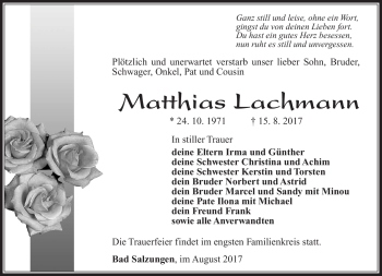 Traueranzeige von Matthias Lachmann von Südthüringer Presse