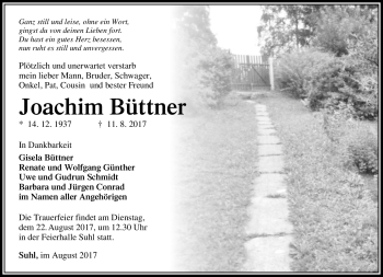 Traueranzeige von Joachim Büttner von Südthüringer Presse