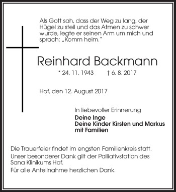 Traueranzeige von Reinhard Backmann von Frankenpost