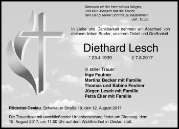 Traueranzeige von Diethard Lesch von Neue Presse Coburg