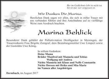 Traueranzeige von Marina Behlick von Südthüringer Presse