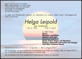 Traueranzeige von Helga Leipold von Neue Presse Coburg