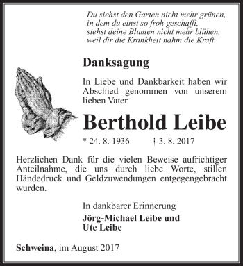 Traueranzeige von Berthold Leibe von Südthüringer Presse