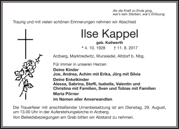 Traueranzeige von Ilse Kappel von Frankenpost