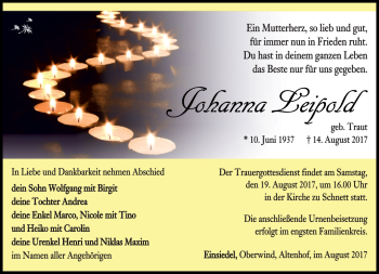 Traueranzeige von Johanne Leipold von Südthüringer Presse