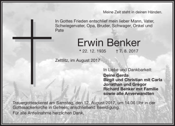Traueranzeige von Erwin Benker von Frankenpost