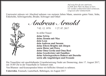 Traueranzeige von Andreas Arnold von Südthüringer Presse