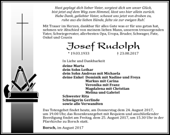 Traueranzeige von Josef Rudolph von Südthüringer Presse