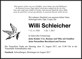 Traueranzeige von Willi Schleicher von Südthüringer Presse