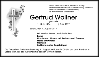 Traueranzeige von Gertrud Wollner von Frankenpost