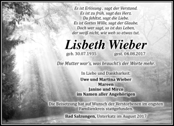Traueranzeige von Lisbeth Wieber von Südthüringer Presse