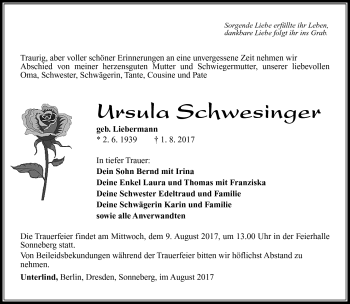 Traueranzeige von Ursula Schwesinger von Südthüringer Presse