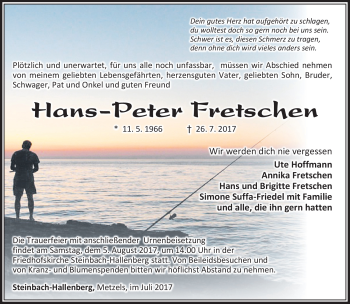 Traueranzeige von Hans-Peter Fretschen von Südthüringer Presse