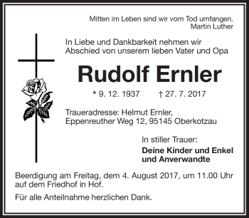Traueranzeige von Rudolf Ernler von Frankenpost