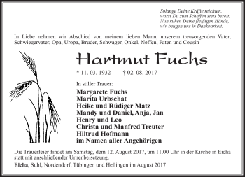 Traueranzeige von Hartmut Fuchs von Südthüringer Presse