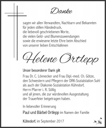 Traueranzeige von Helene Ortlepp von Südthüringer Presse