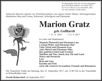 Traueranzeige von Marion Gratz von Südthüringer Presse