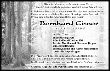 Traueranzeige von Bernhard Eisner von Südthüringer Presse