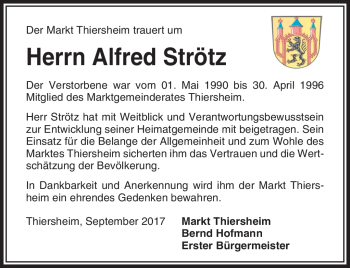 Traueranzeige von Alfred Strötz von Frankenpost