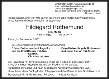 Traueranzeige von Hildegard Rothemund von Frankenpost