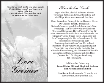 Traueranzeige von Lore Greiner von Südthüringer Presse