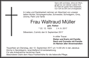 Traueranzeige von Waltraud Müller von Frankenpost