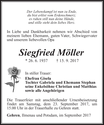 Traueranzeige von Siegfried Möller von Südthüringer Presse