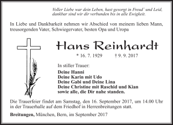 Traueranzeige von Hans Reinhardt von Südthüringer Presse