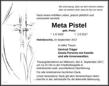 Traueranzeige von Meta Pistel von Frankenpost