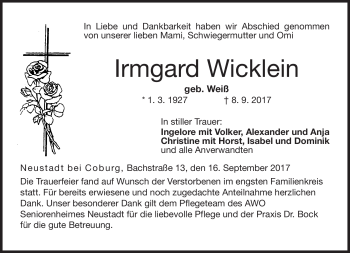 Traueranzeige von Irmgard Wicklein von Neue Presse Coburg