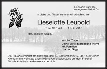 Traueranzeige von Lieselotte Leupold von Frankenpost