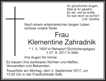 Traueranzeige von Klementine Zahradnik von Frankenpost