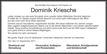 Traueranzeige von Dominik Kriesche von Frankenpost