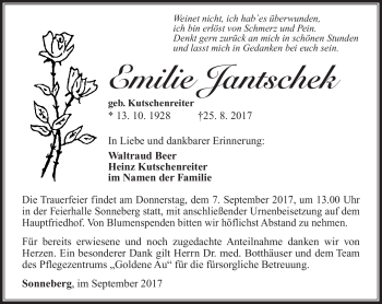 Traueranzeige von Emilie Jantschek von Südthüringer Presse