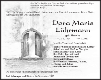 Traueranzeige von Dora Marie Lührmann von Südthüringer Presse