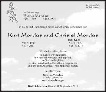 Traueranzeige von Kurt und Christel Mordas von Südthüringer Presse