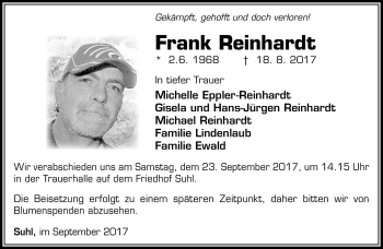 Traueranzeige von Frank Reinhardt von Südthüringer Presse