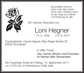 Traueranzeige von Loni Hegner von Frankenpost