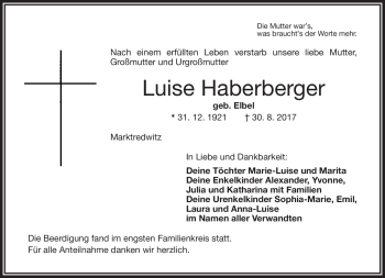 Traueranzeige von Luise Haberberger von Frankenpost