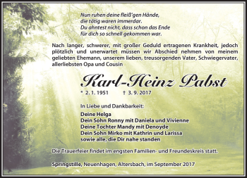 Traueranzeige von Karl-Heinz Pabst von Südthüringer Presse