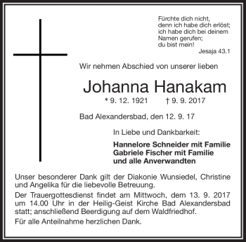 Traueranzeige von Johanna Hanakam von Frankenpost