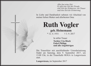 Traueranzeige von Ruth Vogler von Südthüringer Presse