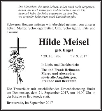 Traueranzeige von Hilde Meisel von Südthüringer Presse