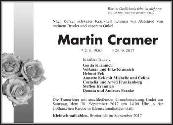 Traueranzeige von Martin Cramer von Südthüringer Presse