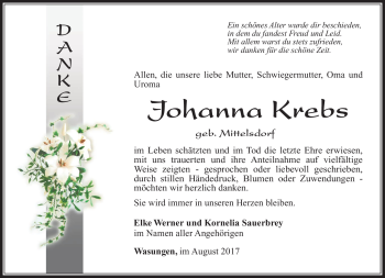 Traueranzeige von Johanna Krebs von Südthüringer Presse