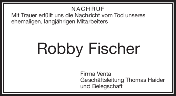 Traueranzeige von Robby Fischer von Frankenpost