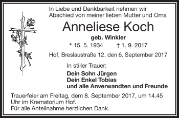 Traueranzeige von Anneliese Koch von Frankenpost