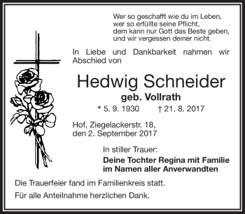 Traueranzeige von Hedwig Schneider von Frankenpost