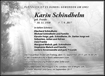 Traueranzeige von Karin Schindhelm von Südthüringer Presse