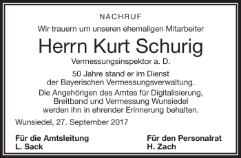 Traueranzeige von Kurt Schurig von Frankenpost
